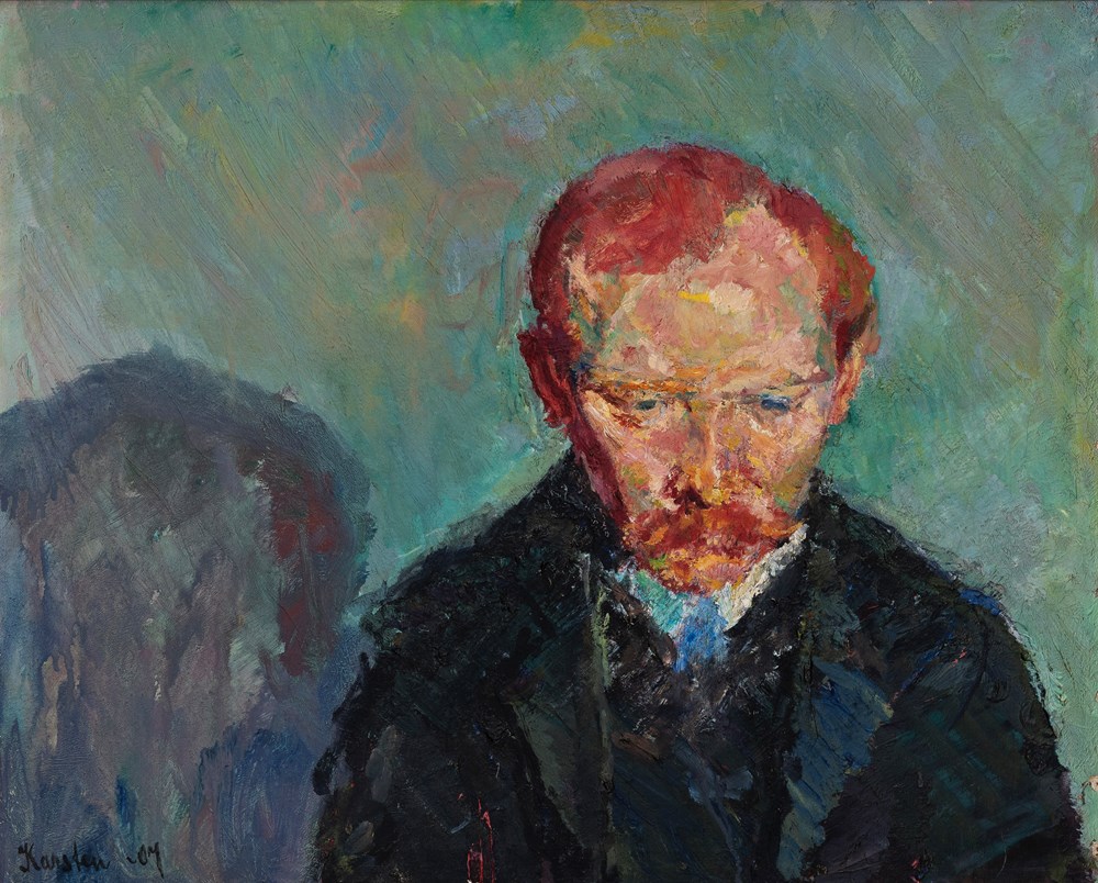 An adult man with red hair, wearing a dark suit and coat, looks downward. He is shown only from the chest up, with a slouched posture. Painting.