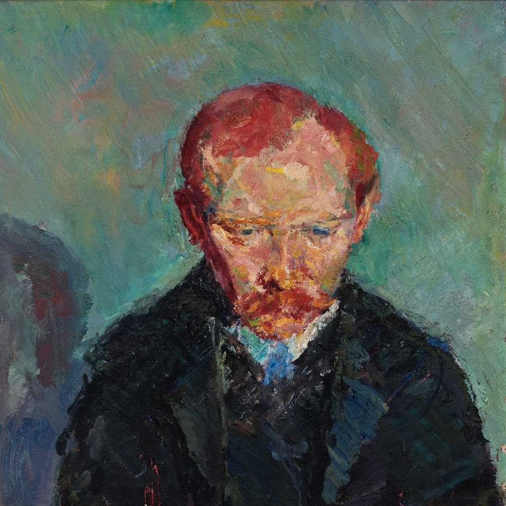 An adult man with red hair, wearing a dark suit and coat, looks downward. He is shown only from the chest up, with a slouched posture. Painting.