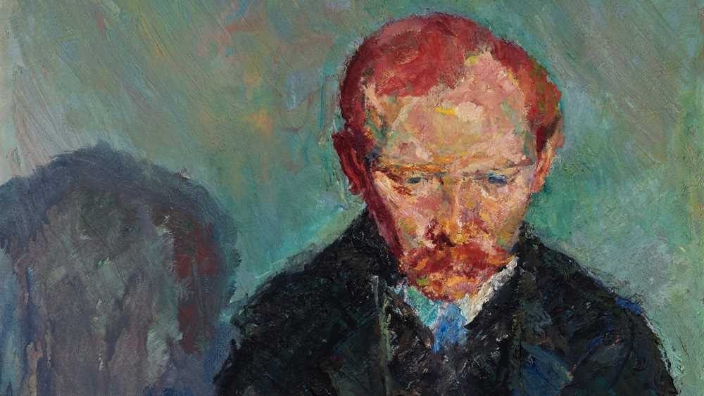 An adult man with red hair, wearing a dark suit and coat, looks downward. He is shown only from the chest up, with a slouched posture. Painting.