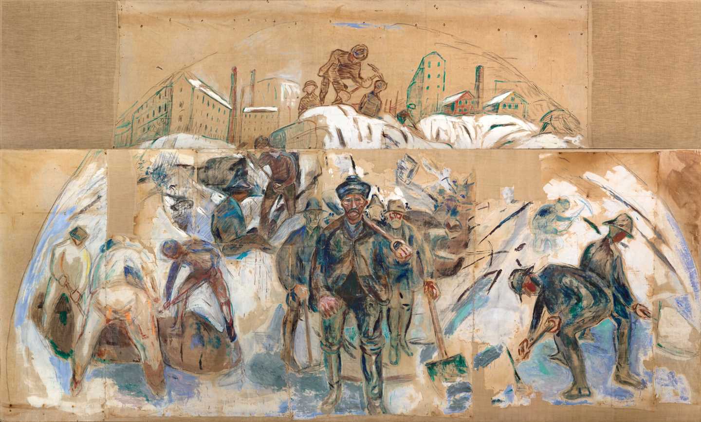 Workers labouring physically in a snow-covered urban environment, with factories, blocks and houses rising behind them. Painting.