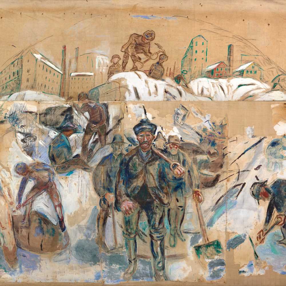 Workers labouring physically in a snow-covered urban environment, with factories, blocks and houses rising behind them. Painting.