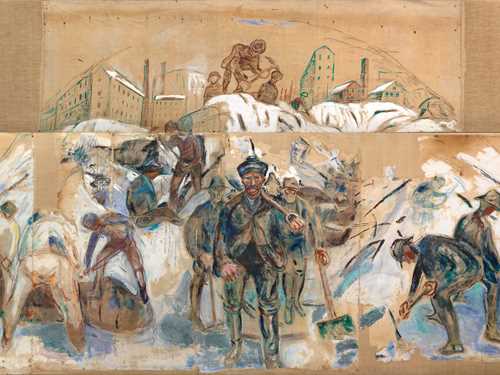 Workers labouring physically in a snow-covered urban environment, with factories, blocks and houses rising behind them. Painting.