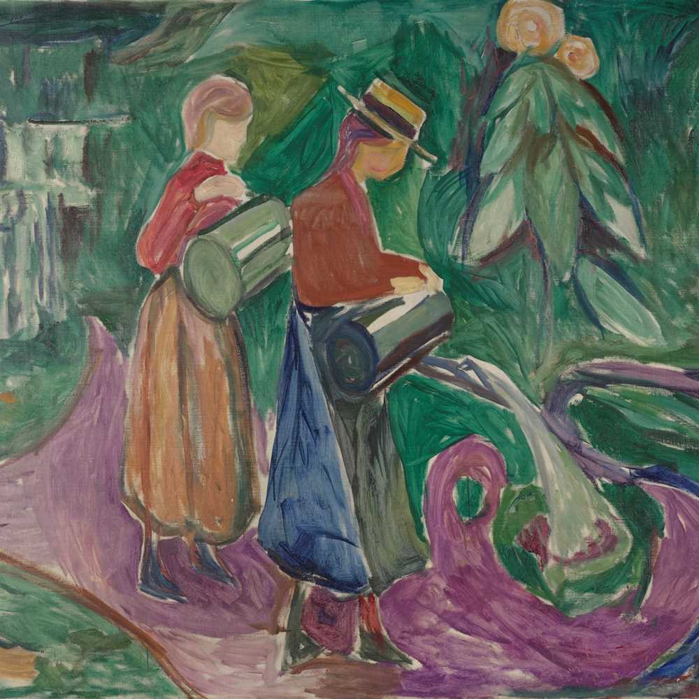 Two girls wearing skirts and red tops stand with large watering cans, watering flowers. One of them wears a straw hat with a brim and a black ribbon. The ground beneath them is fuchsia-coloured, and green trees are visible in the background. Painting.