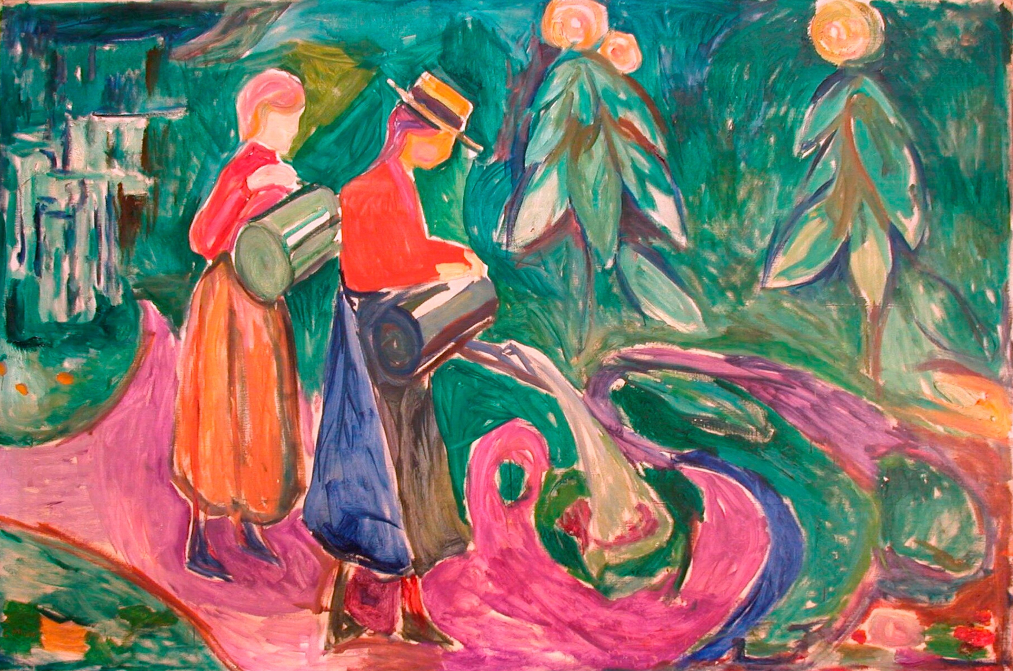 Two girls wearing skirts and red tops stand with large watering cans, watering flowers. One of them wears a straw hat with a brim and a black ribbon. The ground beneath them is fuchsia-coloured, and green trees are visible in the background. Painting.