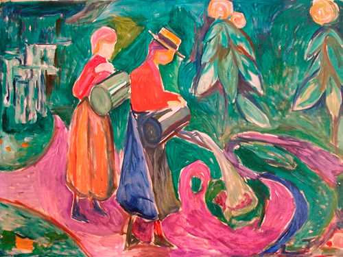 Two girls wearing skirts and red tops stand with large watering cans, watering flowers. One of them wears a straw hat with a brim and a black ribbon. The ground beneath them is fuchsia-coloured, and green trees are visible in the background. Painting.