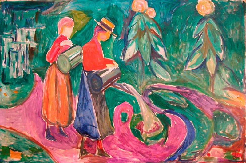 Two girls wearing skirts and red tops stand with large watering cans, watering flowers. One of them wears a straw hat with a brim and a black ribbon. The ground beneath them is fuchsia-coloured, and green trees are visible in the background. Painting.