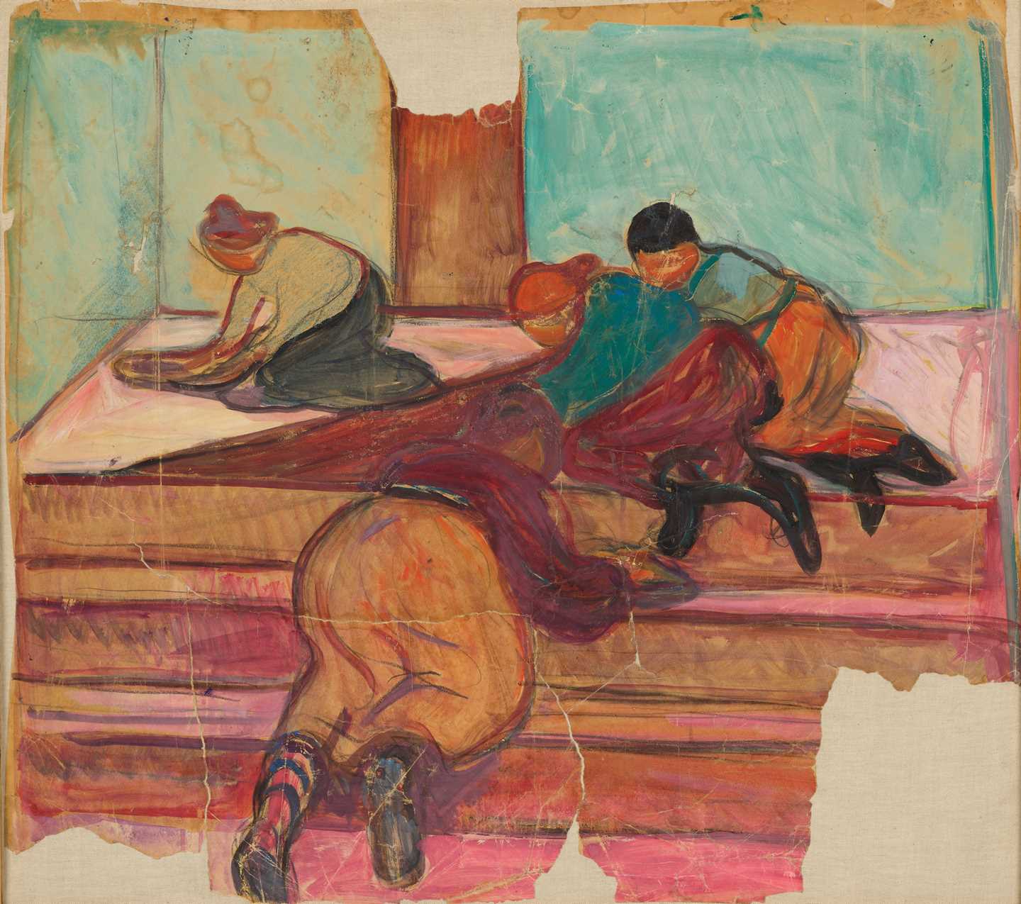 Four women kneeling and washing the floor. Painting.