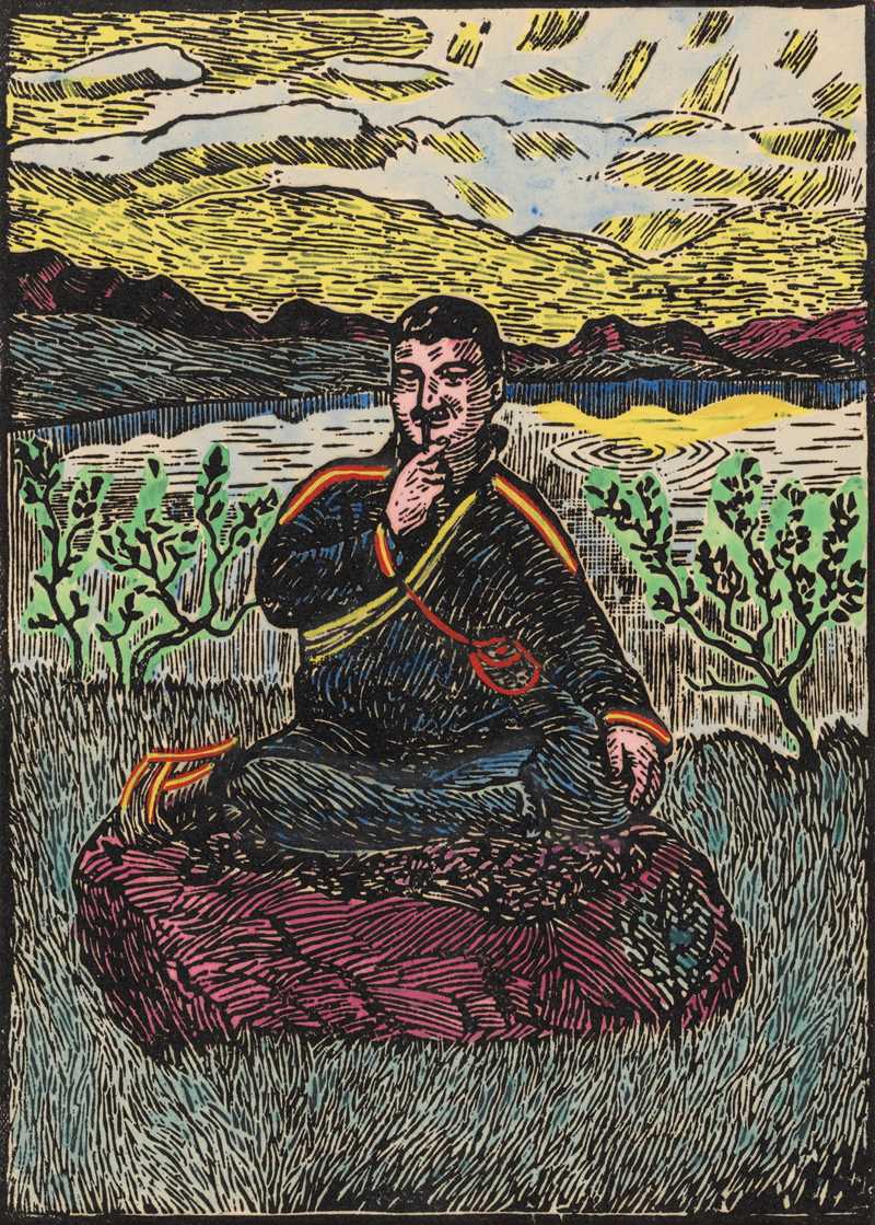 A man sits cross-legged, smoking a pipe. He is dressed in Sámi clothing and sits on a rock with a body of water in the background. Woodcut.