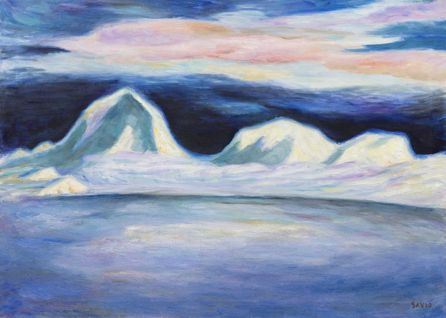 A winter landscape with a frozen body of water in the foreground and mountain peaks rising from the shoreline in the background. The sky is filled with nacreous clouds, while darkness smoulders along the horizon. Painting.