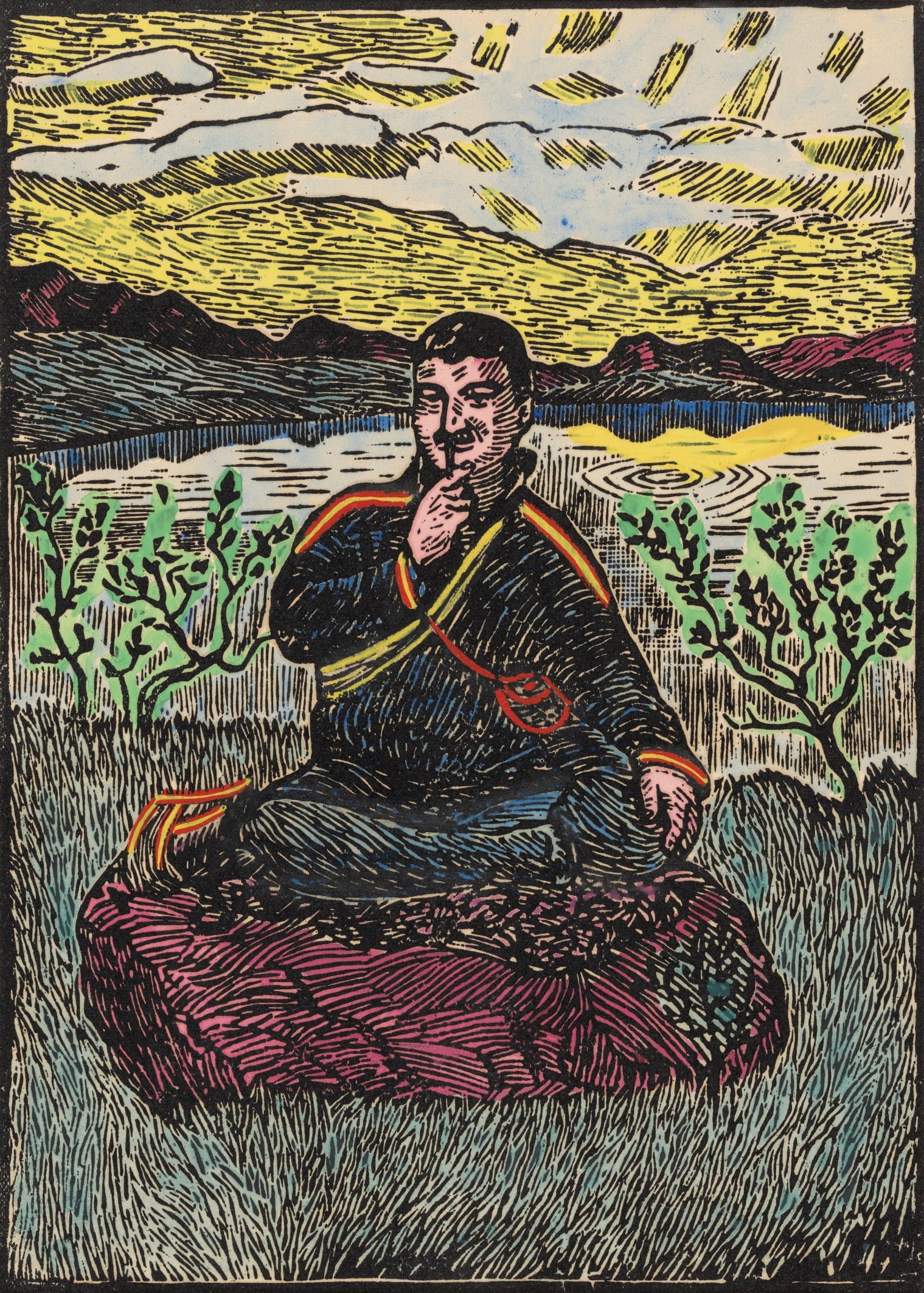 A man sits cross-legged, smoking a pipe. He is dressed in Sámi clothing and sits on a rock with a body of water in the background. Woodcut.