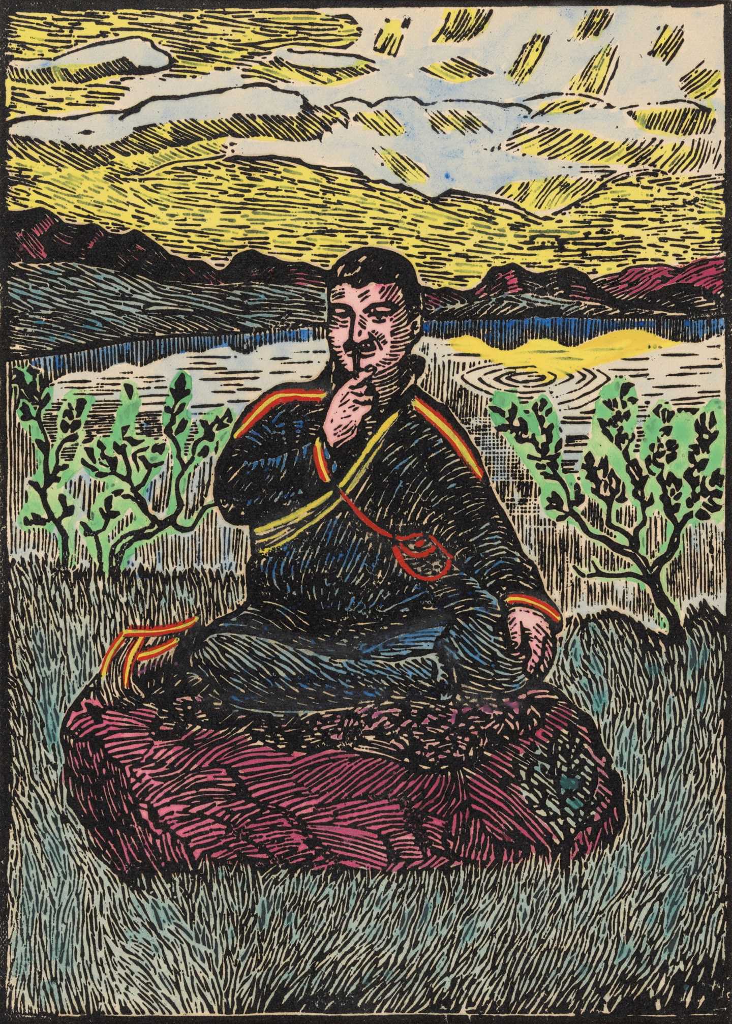 A man sits cross-legged, smoking a pipe. He is dressed in Sámi clothing and sits on a rock with a body of water in the background. Woodcut.