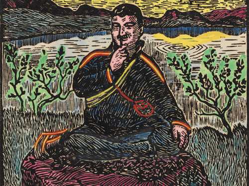 A man sits cross-legged, smoking a pipe. He is dressed in Sámi clothing and sits on a rock with a body of water in the background. Woodcut.
