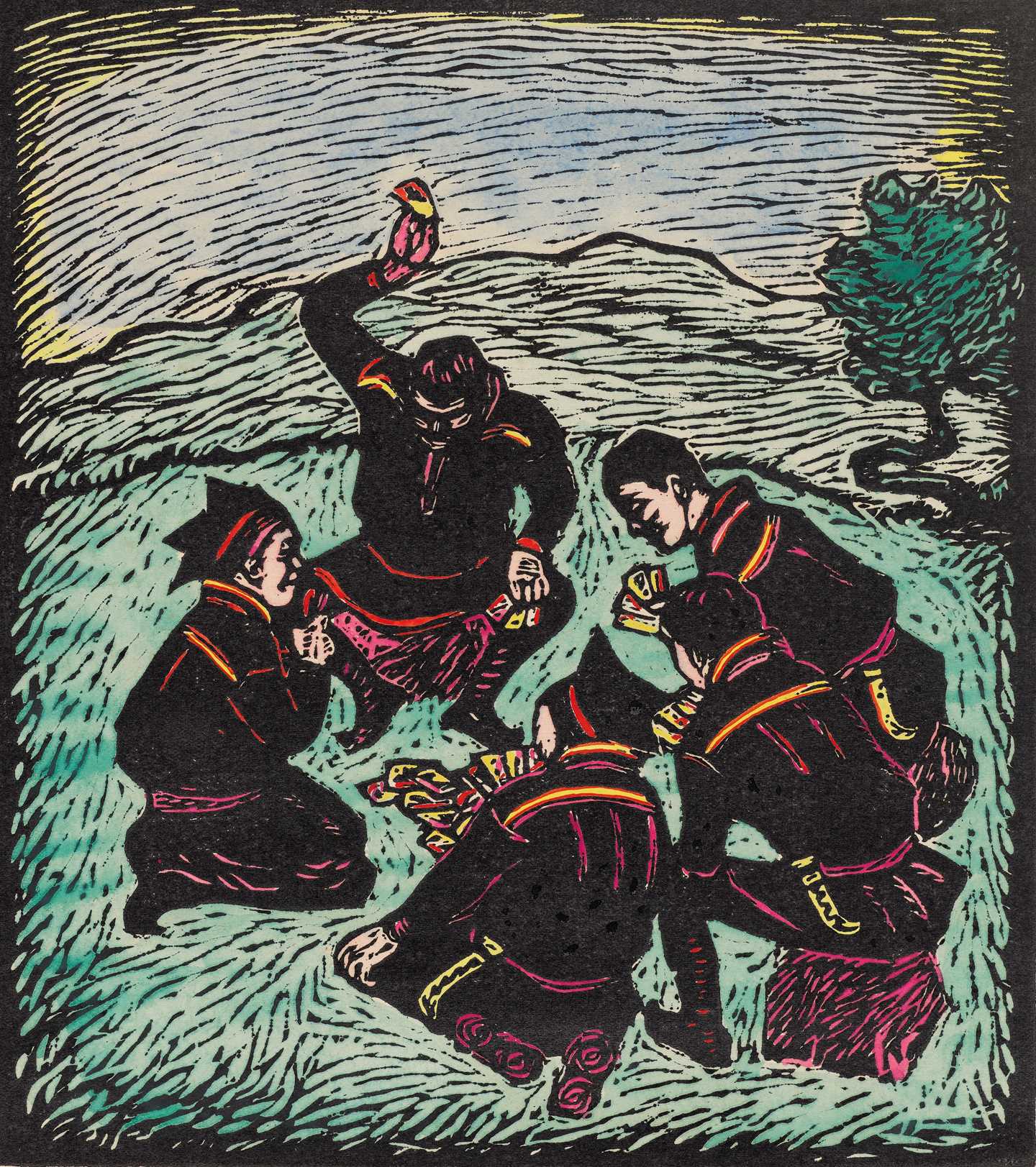 Five men sit in a circle on a grassy field, playing cards. One of the men is clearly frustrated that the game is not going his way; he has raised the hand holding his cards and appears about to throw them to the ground. Woodcut.