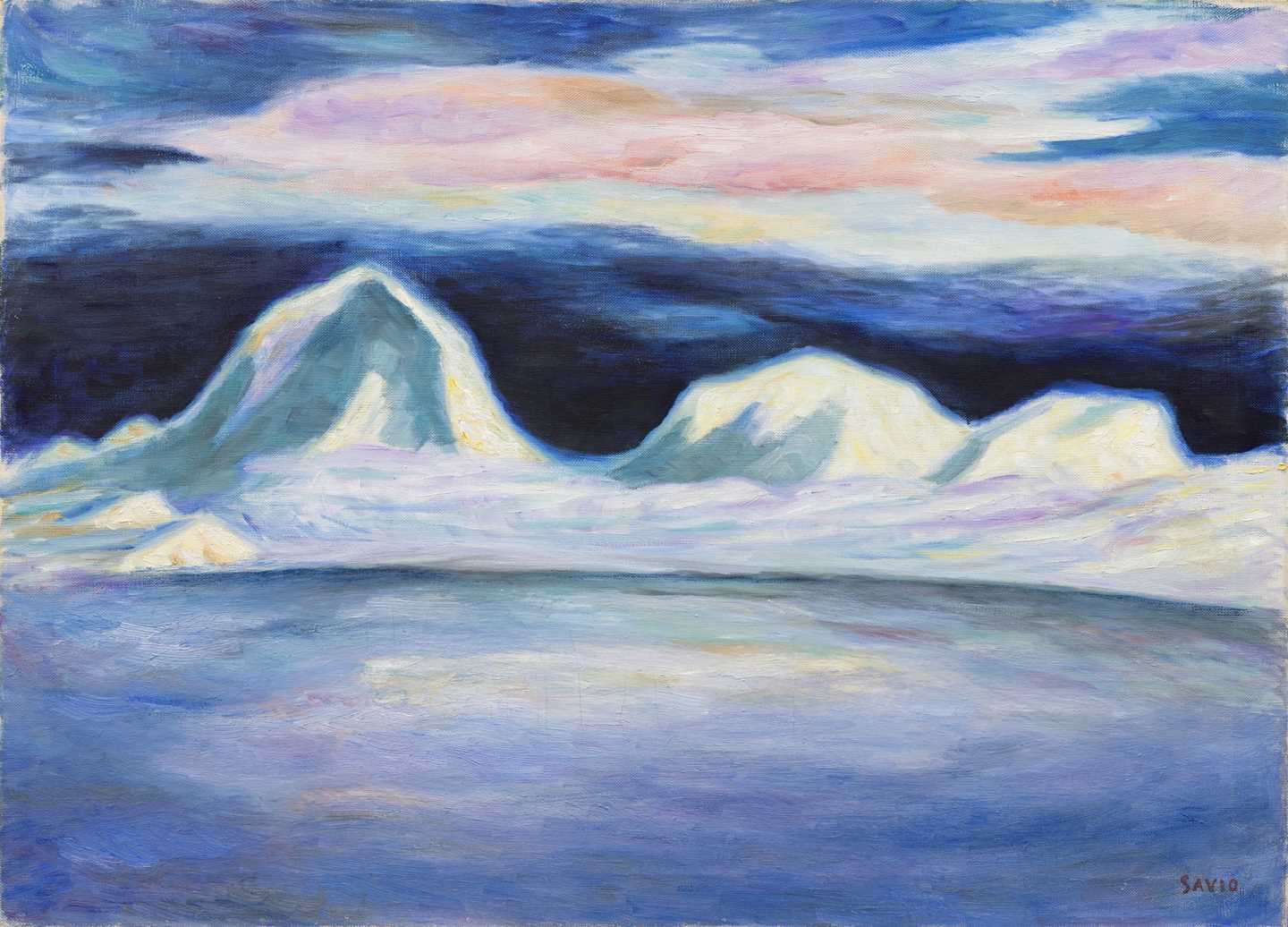 A winter landscape with a frozen body of water in the foreground and mountain peaks rising from the shoreline in the background. The sky is filled with nacreous clouds, while darkness smoulders along the horizon. Painting.