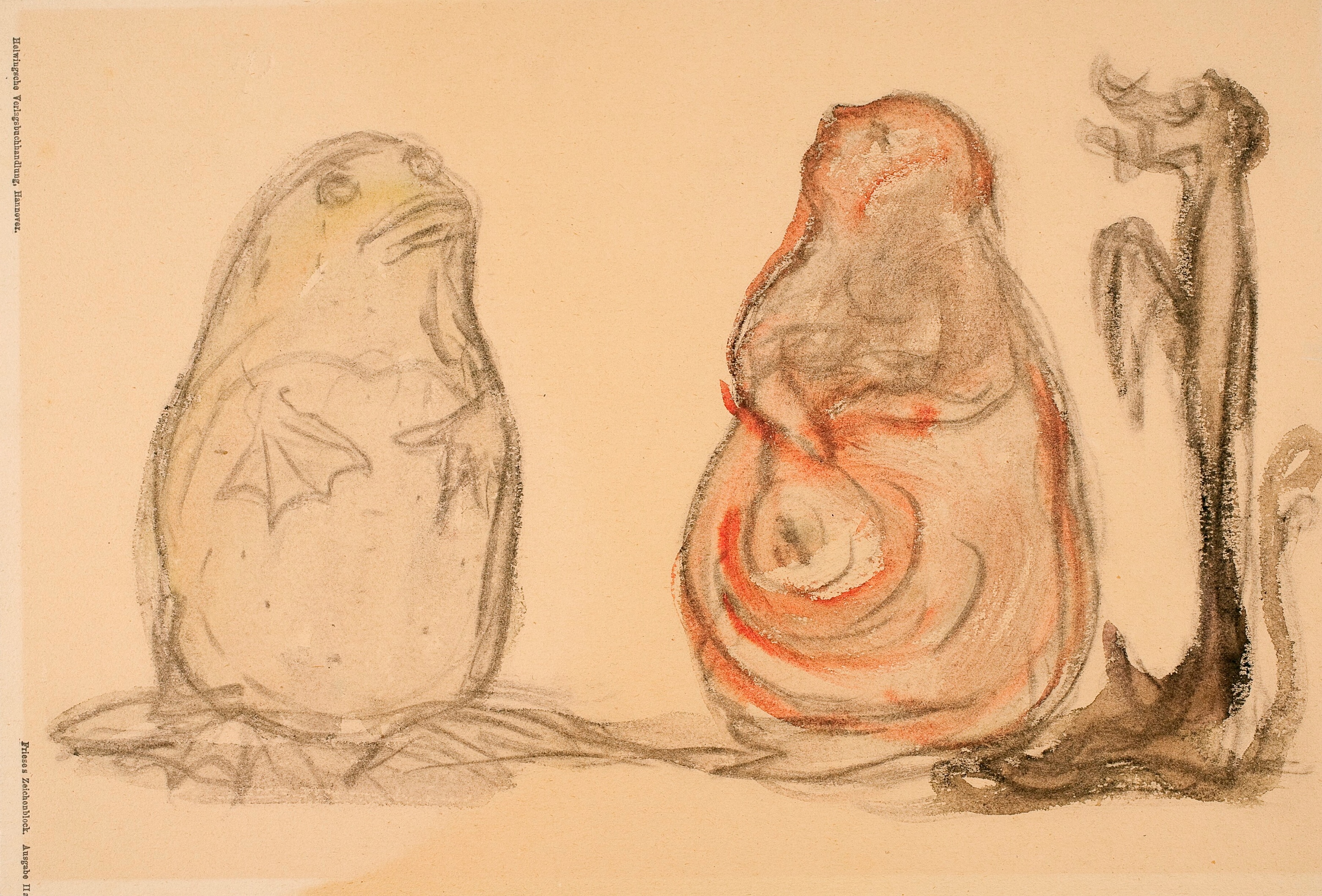 Tegningen viser en slags froskelignende figur med svømmeføtter, en tynn hund med lange ører og en mer griselignende skikkelse. Tegning.