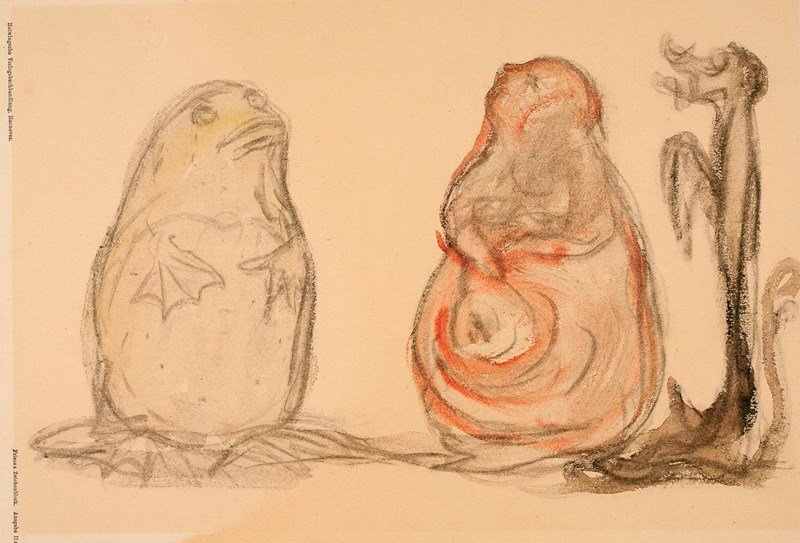 Tegningen viser en slags froskelignende figur med svømmeføtter, en tynn hund med lange ører og en mer griselignende skikkelse. Tegning.