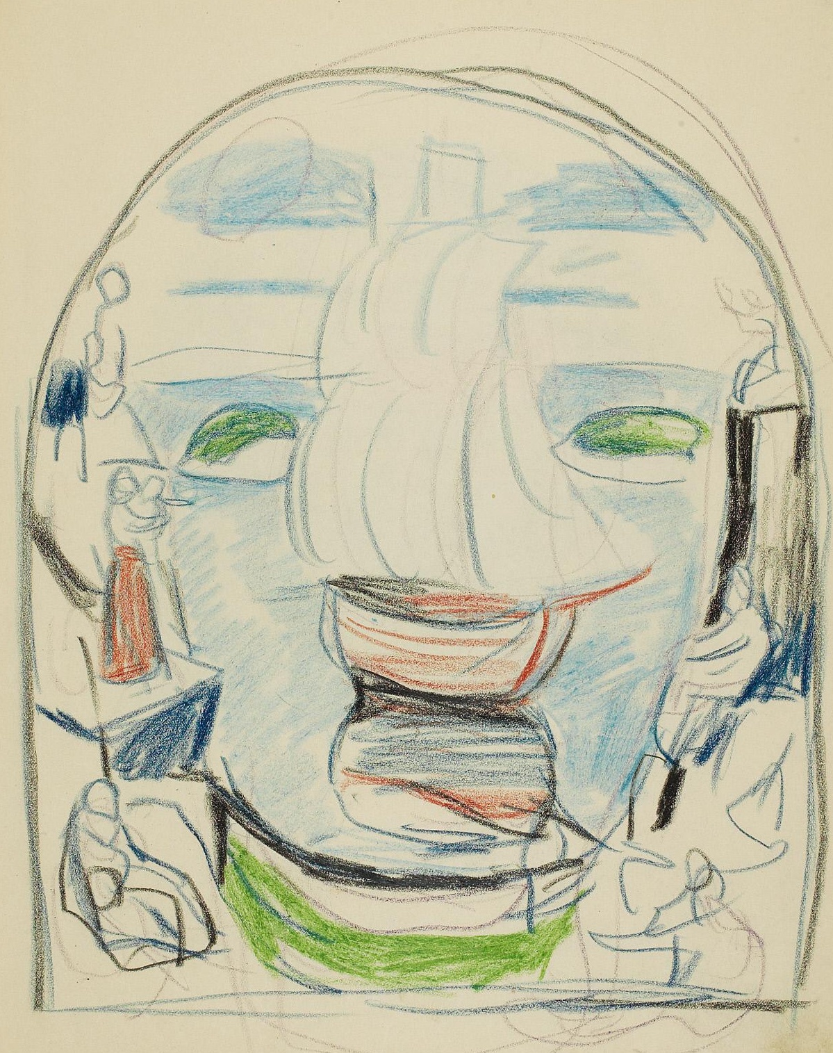 A rough drawing of a sailing ship with its sails up, approaching land between two green islets. The scene is framed by an arch, with people visible along the lower edges. Drawing.