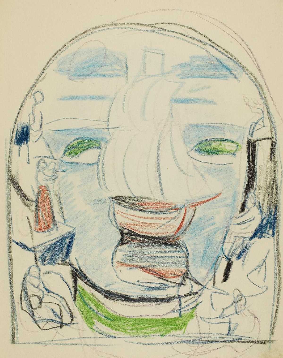 En røff tegning av en seilskute med seilene oppe som kommer inn mot land mellom to grønn holmer. Motivet er rammet inn av en bue og rundt de nedre kantene av buen ser man mennesker. Tegning.