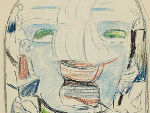 A rough drawing of a sailing ship with its sails up, approaching land between two green islets. The scene is framed by an arch, with people visible along the lower edges. Drawing.