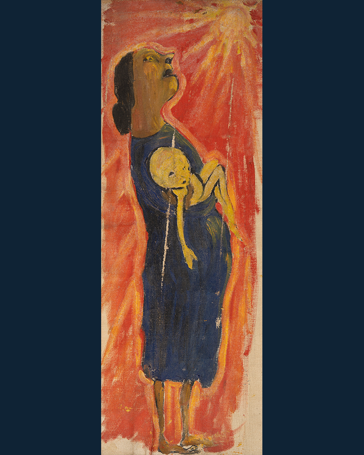 A woman holding a naked child stands in blazing sunlight, wearing a blue dress against a red background. Painting.