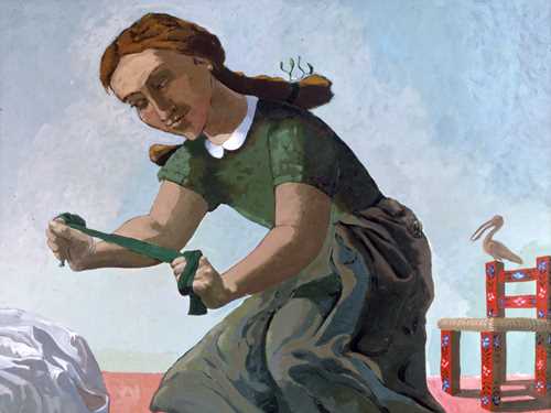 A young girl with pigtails, a green dress and bows on her shoes holds a green ribbon tightly, tiptoeing toward a bed and looking at something outside the frame. Painting.