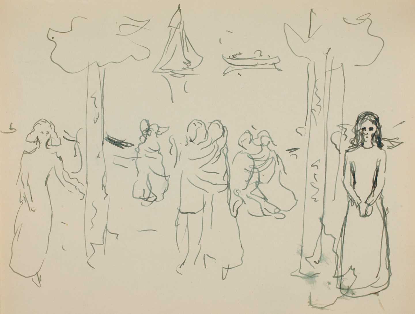 En røft tegnet skisse viser motivet Livets dans. Vi ser flere dansende par mellom trær på en strand med båter i bakgrunnen. TIl venstre for det dansende paret i midten står en kvinne med lyst hår ved ett tre, til høyre i bildet står en kvinne med mørkt hår ved et tre. Tegning