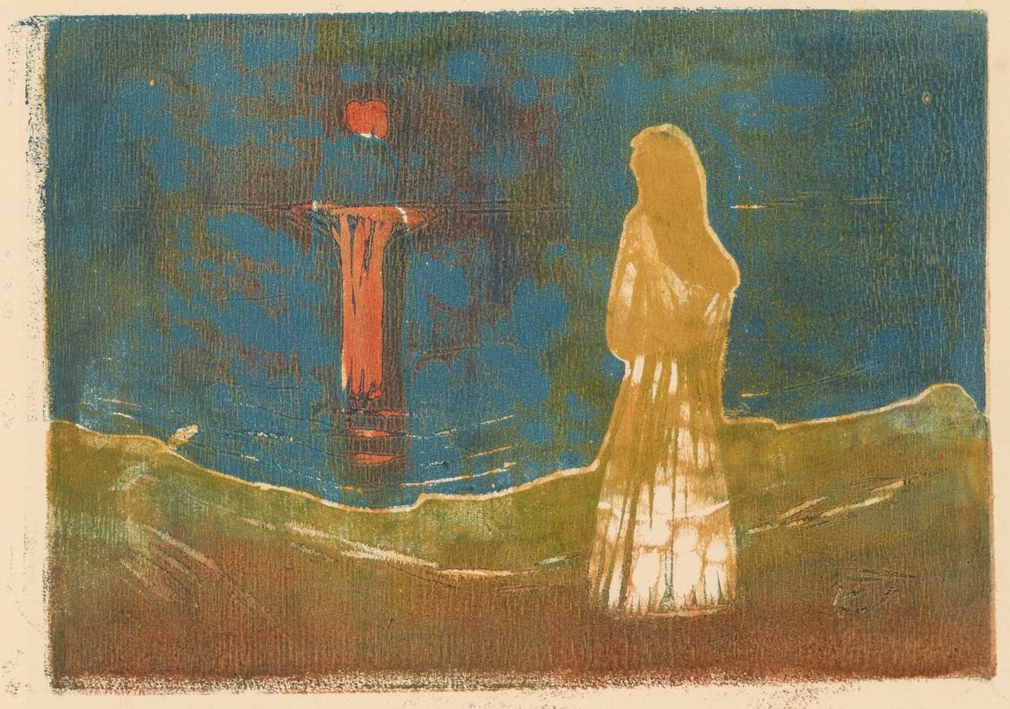 A woman stands on a beach looking out over the water. A red moonbeam is reflected on the surface of the water. Woodcut.