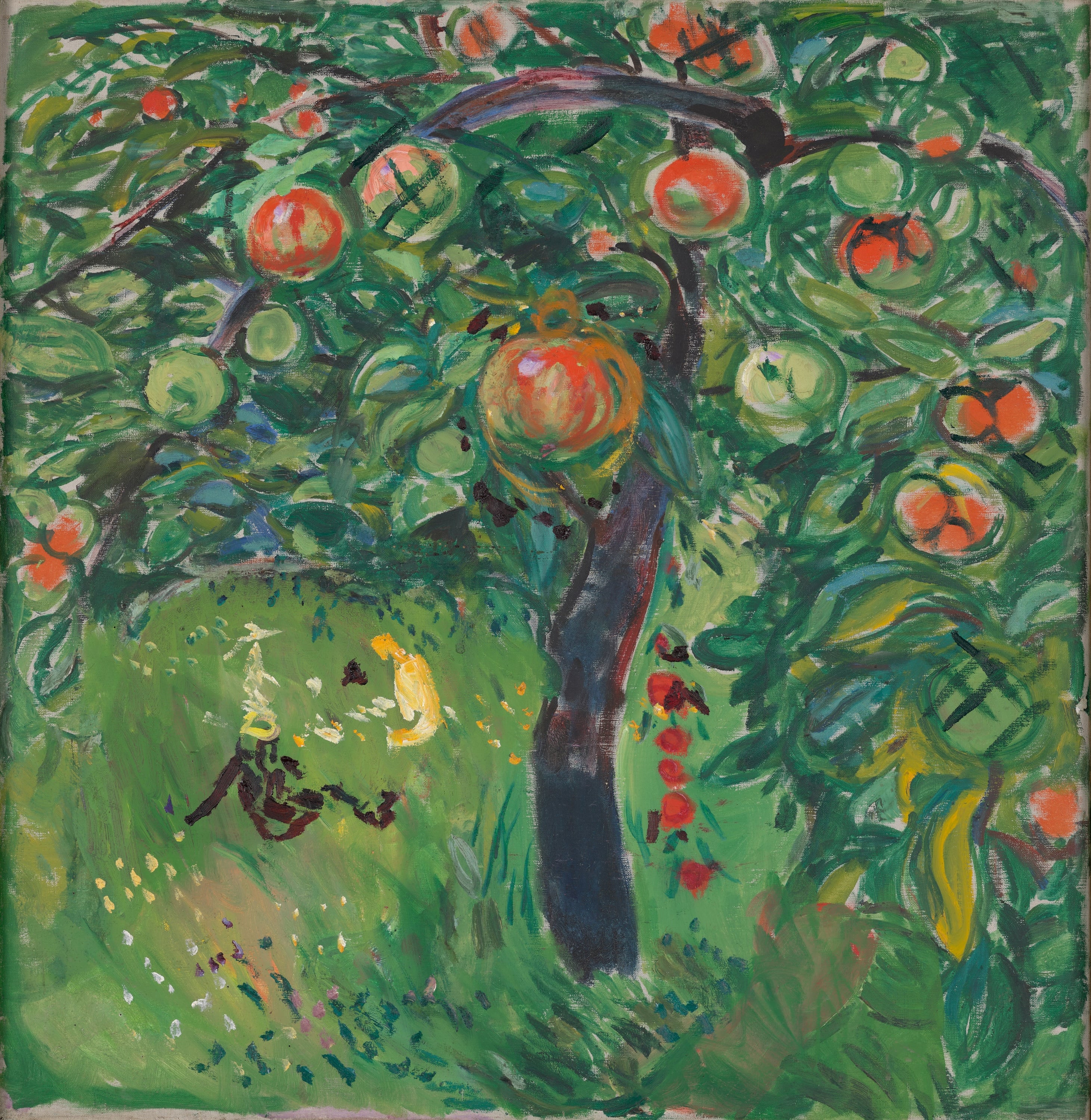 A green apple tree laden with both red and green apples. On the grassy slope beneath the tree sit what may be perceived as three people. Painting.