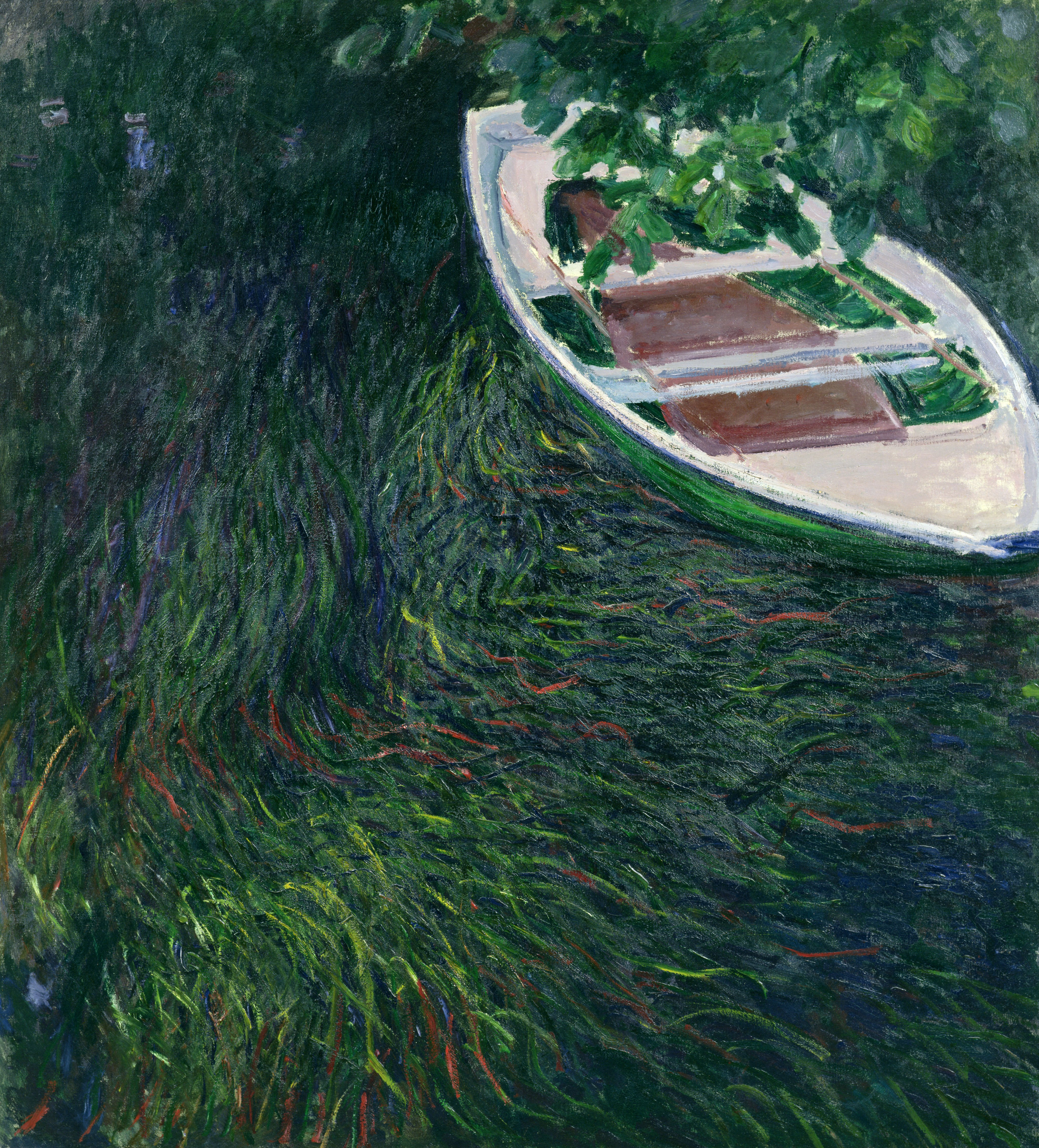An empty barge floats in reed-covered water, with a branch of green leaves hanging partly over the boat. Painting.