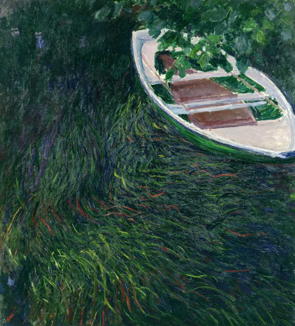 An empty barge floats in reed-covered water, with a branch of green leaves hanging partly over the boat. Painting.