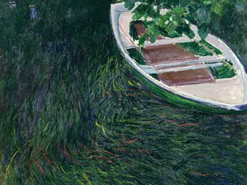An empty barge floats in reed-covered water, with a branch of green leaves hanging partly over the boat. Painting.