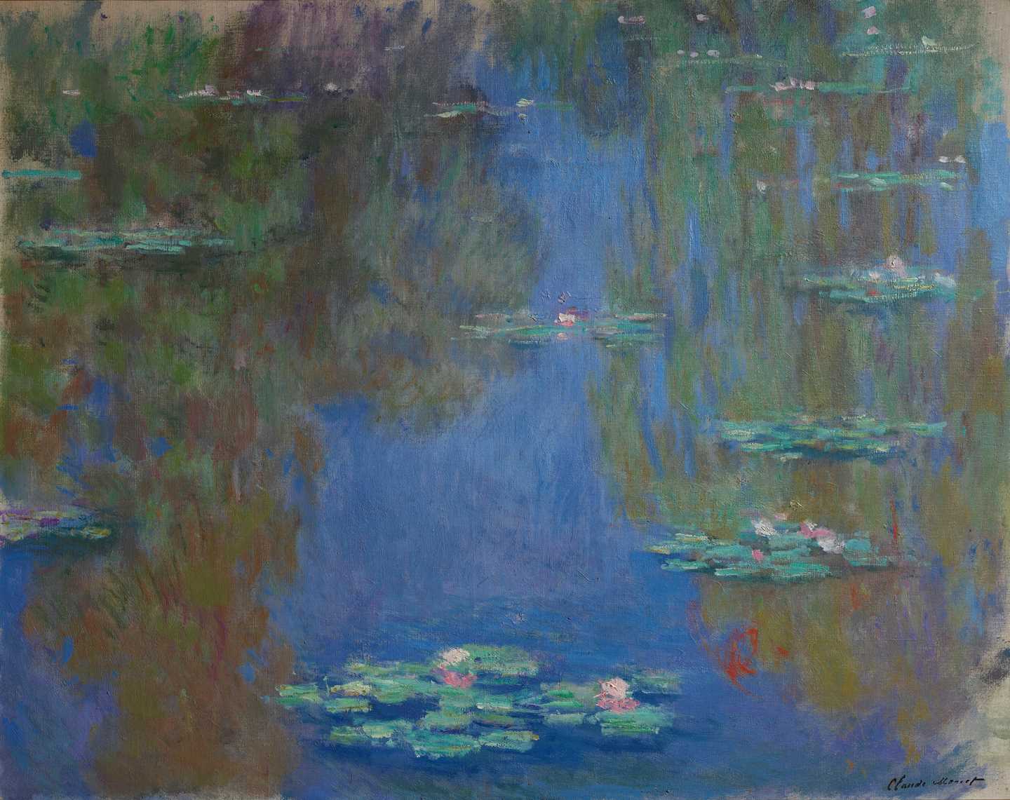 Water lilies in blue water, with the surrounding trees reflected on the surface. Painting.