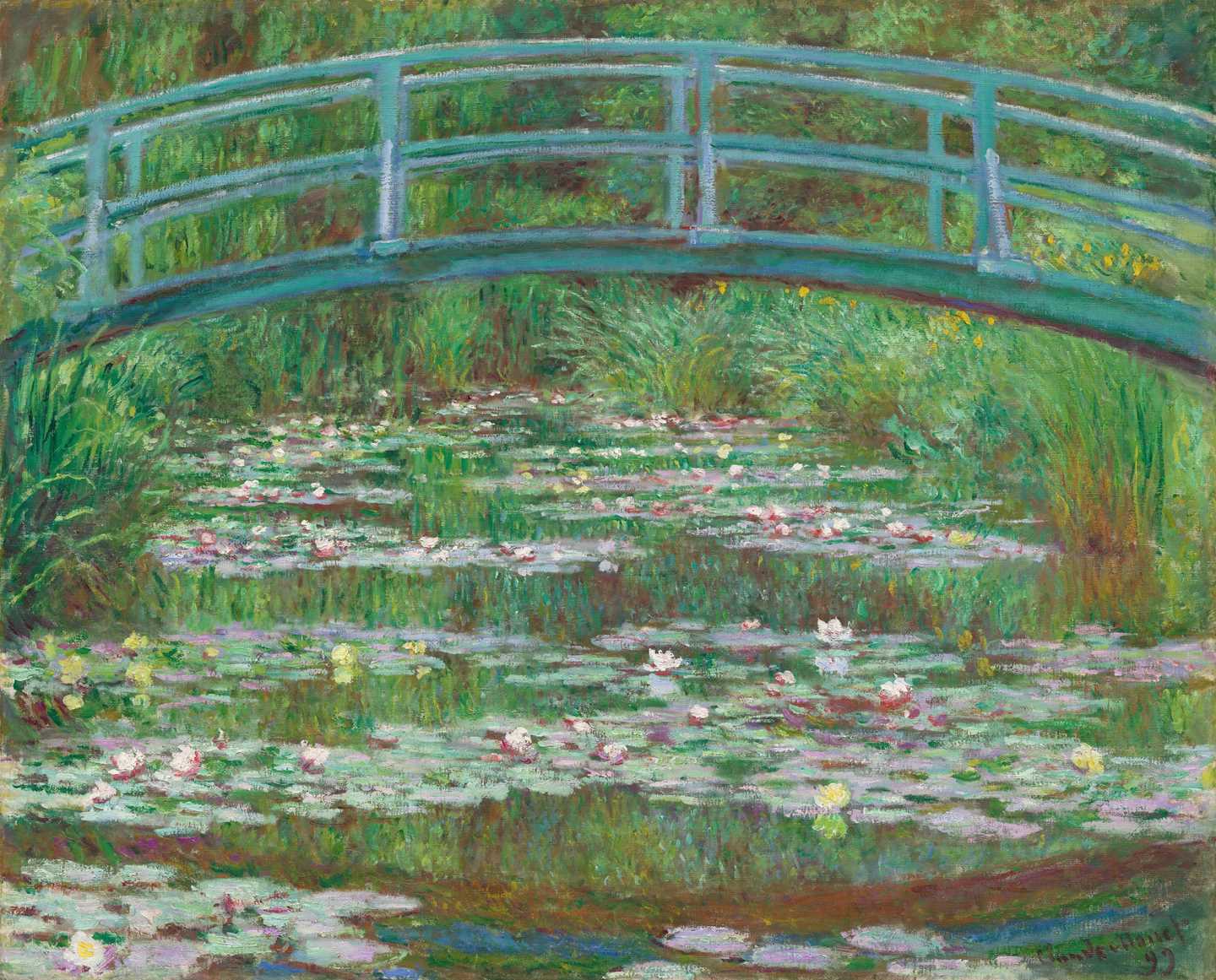 A blue-green bridge, gently arched and fitted with railings on both sides, stretches across a pond filled with water lilies. The bridge is positioned high within the composition and is reflected in the water below. In the background, there is a dense stand of reeds and trees. Painting.