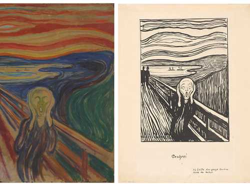 Three versions of Edvard Munch's The Scream: Tempera and oil on cardboard, 1910? / Litograph, 1895. / Crayon on cardboard, 1893. Foto © Munchmuseet