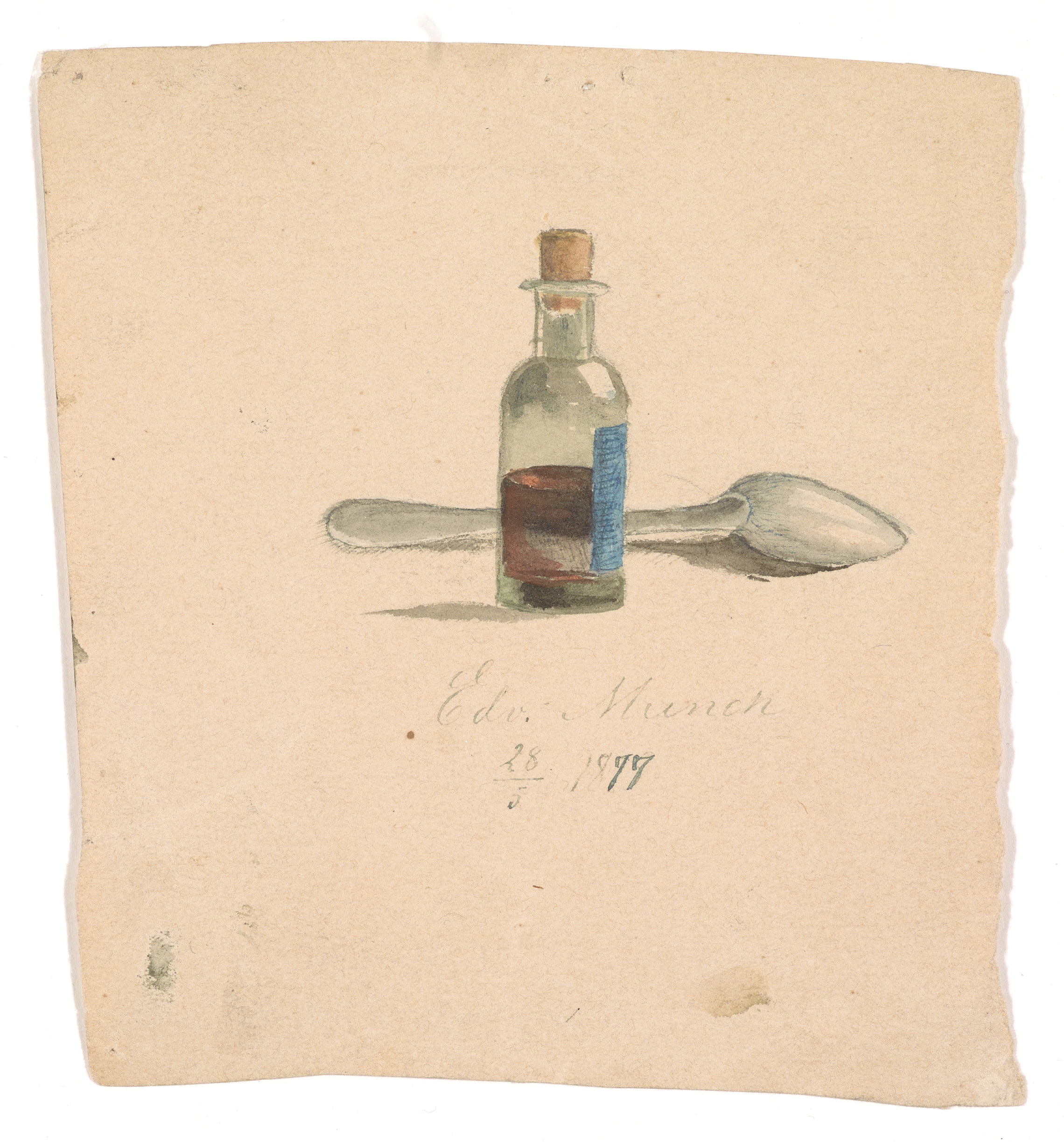 Medicine Bottle and Spoon: A watercolour drawing of a medicine bottle, half full of liquid, behind which a spoon lies face down.