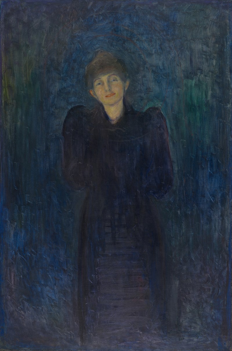 Edvard Munch: Dagny Juel Przybyszewska, 1893. We see Dagny in a full-length portrait, facing forward. Her head is slightly tilted to one side, and she offers a gentle smile. She is wearing a dark blue dress with puffed sleeves. Her hair is styled in a bun on top of her head. The entire background is in shades of blue. Painting.