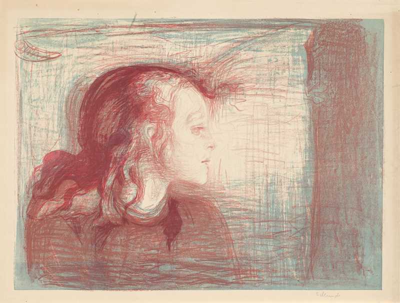 A printed portrait of a young girl in profile, shown from the shoulders up, drawn with many fine lines. Her pale face almost disappears into the pillow on which she rests. The eyes are half closed. The hair and upper body are rust red against the greyish-white background of the pillow.