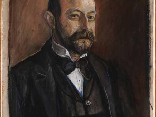 A half-length portrait of a middle-aged man with a moustache and beard, and a bald head. He is smartly dressed in a black jacket, waistcoat, white shirt, and black bow tie. He looks directly at the viewer with a clear and steady gaze. Painting.