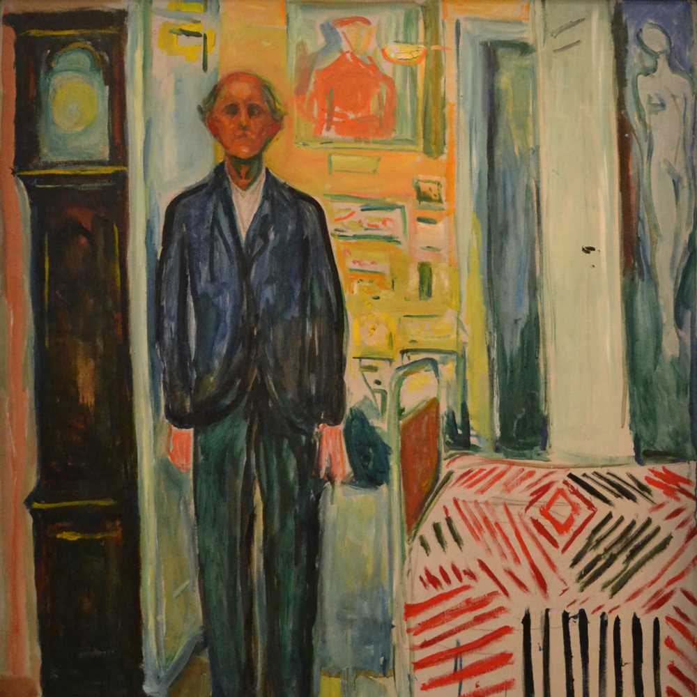 Edvard Munch: Selvportrett. Mellom klokken og sengen. Olje på lerret, 1940-43. Foto © Munchmuseet