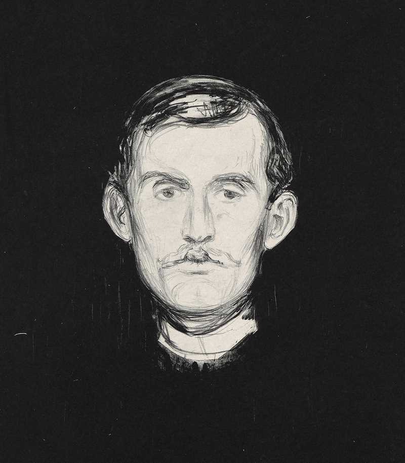 Edvard Munch: Self-Portrait, 1895. Edvard Munch’s head is depicted in white against a black background. His head faces straight forward, and his expression appears somewhat weary. Lithograph.