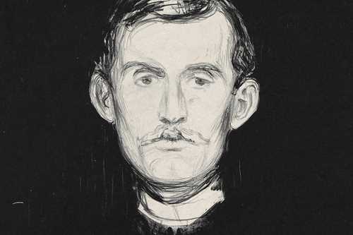 Edvard Munch: Self-Portrait, 1895. Edvard Munch’s head is depicted in white against a black background. His head faces straight forward, and his expression appears somewhat weary. Lithograph.