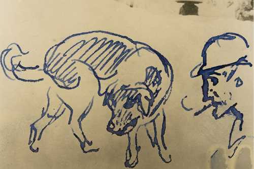 Edvard Munch: Ekely i snø, fasaden sett mot øst I. Fotografi med tegning, 1927. Foto © Munchmuseet