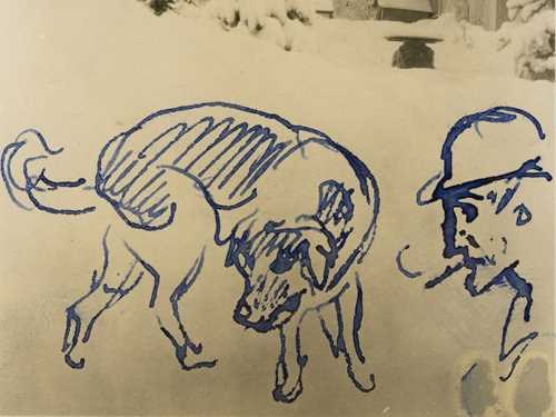 Edvard Munch: The villa at Ekely in the snow I. Photograph with drawing, 1927. Photo © Munchmuseet