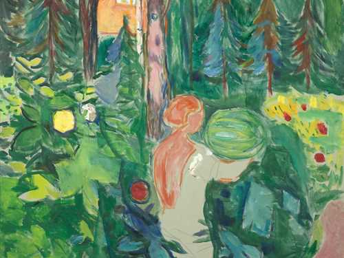 Edvard Munch; Woman with pumpkin. A painting of a woman in the forest holding a pumpkin, with a house in the background.
