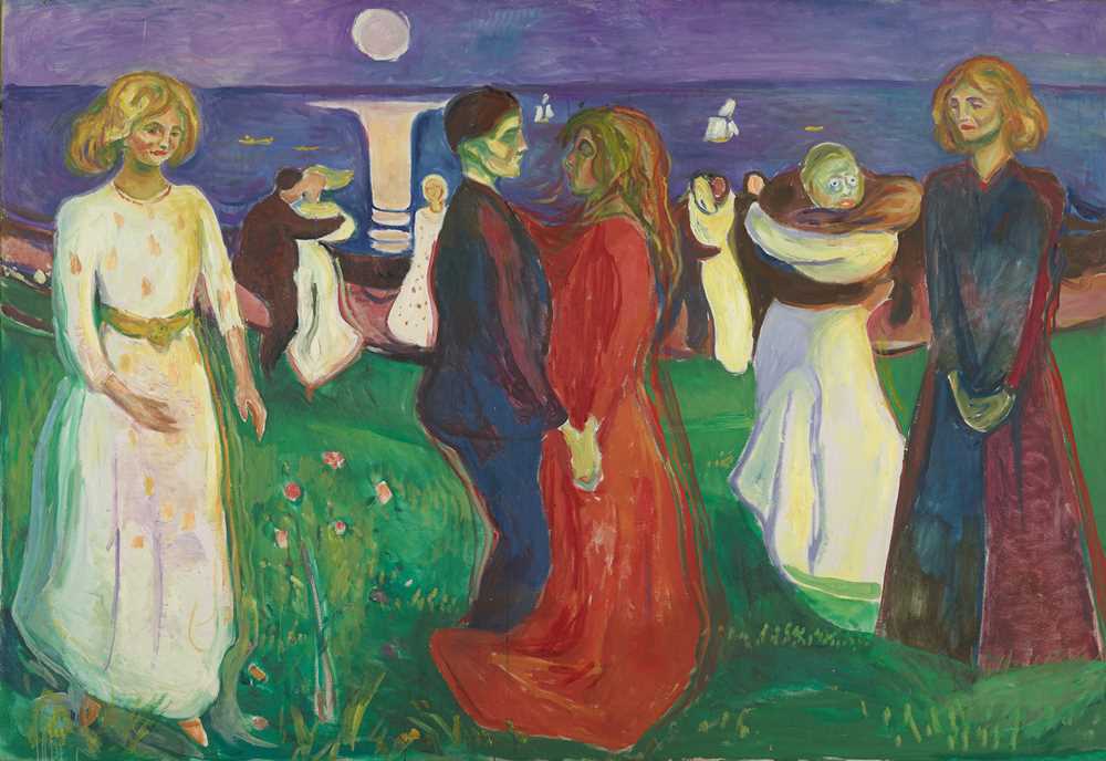 Edvard Munch: Livets dans, 1925. Vi ser mennesker som danser på en gresseng i måneskinn og i bakgrunnen er det en strand, hav og en måne som speiler seg i vannet. I midten av bildet ser vi et par som danser tett; en mann i mørk dress og en kvinne i rød kjole. Til venstre for paret står en kvinne alene, kledd i en hvit kjole. Til høyre for paret står en kvinne alene kledd i sort kjole. Maleri 