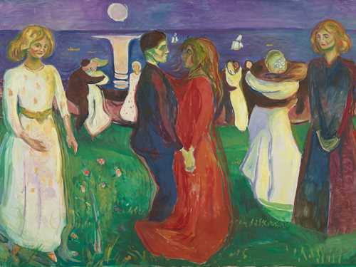Edvard Munch: Livets dans, 1925. Vi ser mennesker som danser på en gresseng i måneskinn og i bakgrunnen er det en strand, hav og en måne som speiler seg i vannet. I midten av bildet ser vi et par som danser tett; en mann i mørk dress og en kvinne i rød kjole. Til venstre for paret står en kvinne alene, kledd i en hvit kjole. Til høyre for paret står en kvinne alene kledd i sort kjole. Maleri