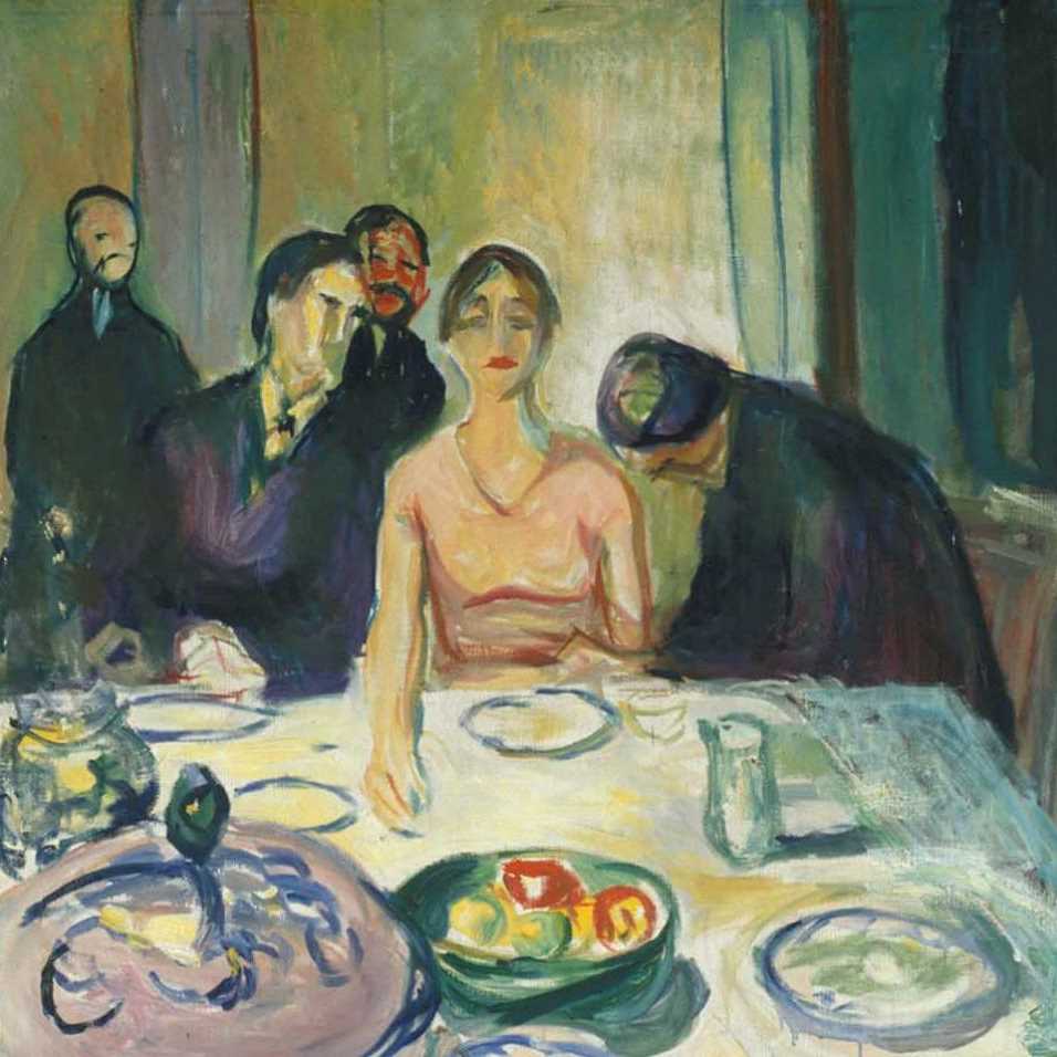 An elegantly dressed woman sits at a table set for a celebratory meal. Around her are several men in dark suits with partially blurred facial expressions. The men closest to the woman lean towards her, and one of them appears to be holding her hand. The woman stares straight ahead with an unfathomable gaze.