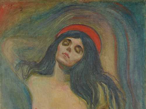 En naken kvinne vist fra hoftene og opp står eller ligger mot en buktende bakgrunn. Hun har en arm løftet bak hodet og den andre hvilende bak hoftene. Øynene er lukket og ansiktet er omrammet av langt, svart hår. Bak hodet har hun en rød sirkel som kan være en hatt eller en glorie.