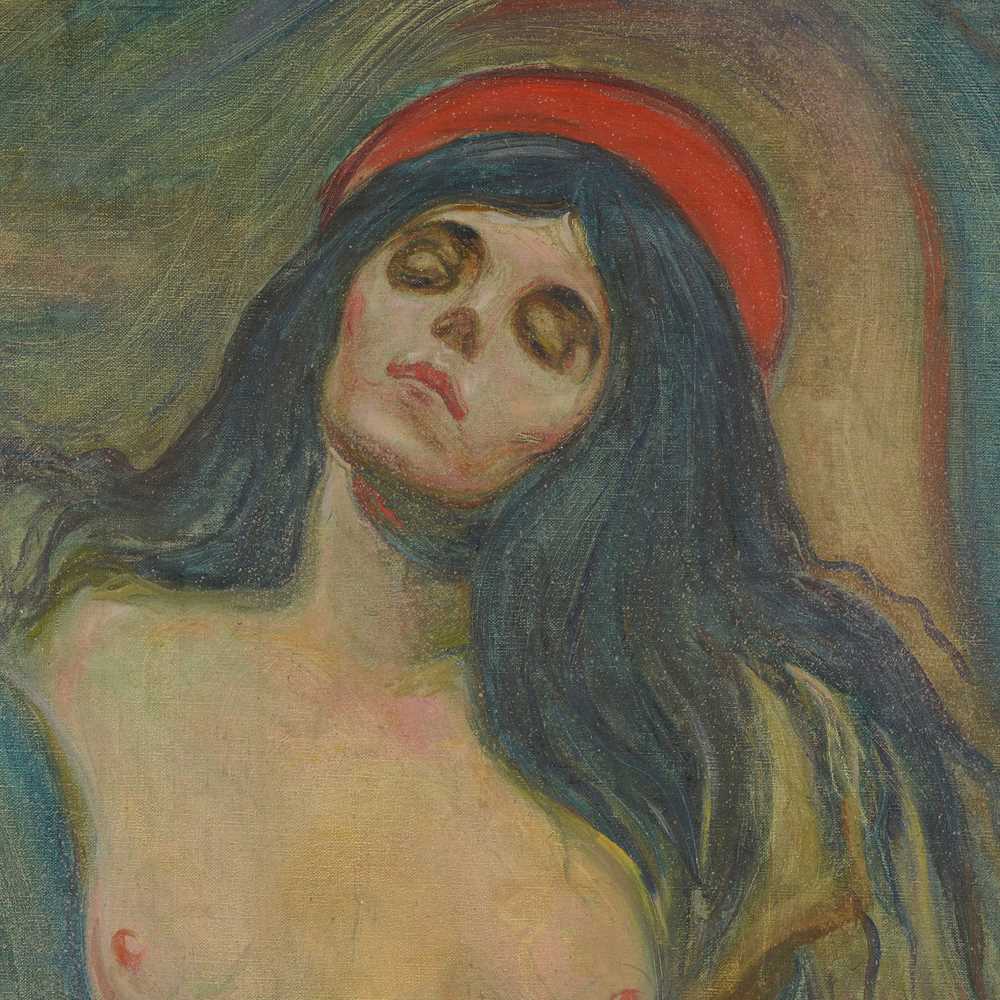 A naked woman shown from the hips up stands or lies against a meandering background. She has one arm raised behind her head and the other resting behind her hips. Her eyes are closed and her face is framed by long, black hair. Behind her head she has a red circle that could be a hat or a halo.