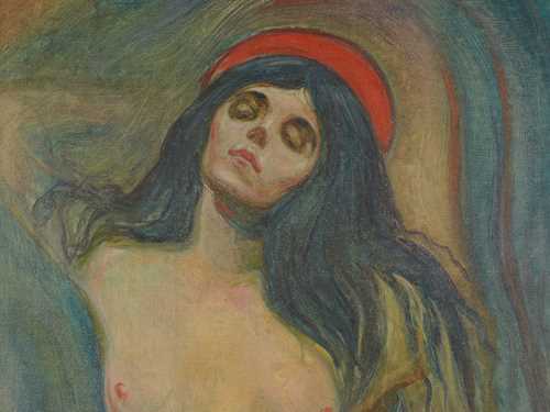 A naked woman shown from the hips up stands or lies against a meandering background. She has one arm raised behind her head and the other resting behind her hips. Her eyes are closed and her face is framed by long, black hair. Behind her head she has a red circle that could be a hat or a halo.
